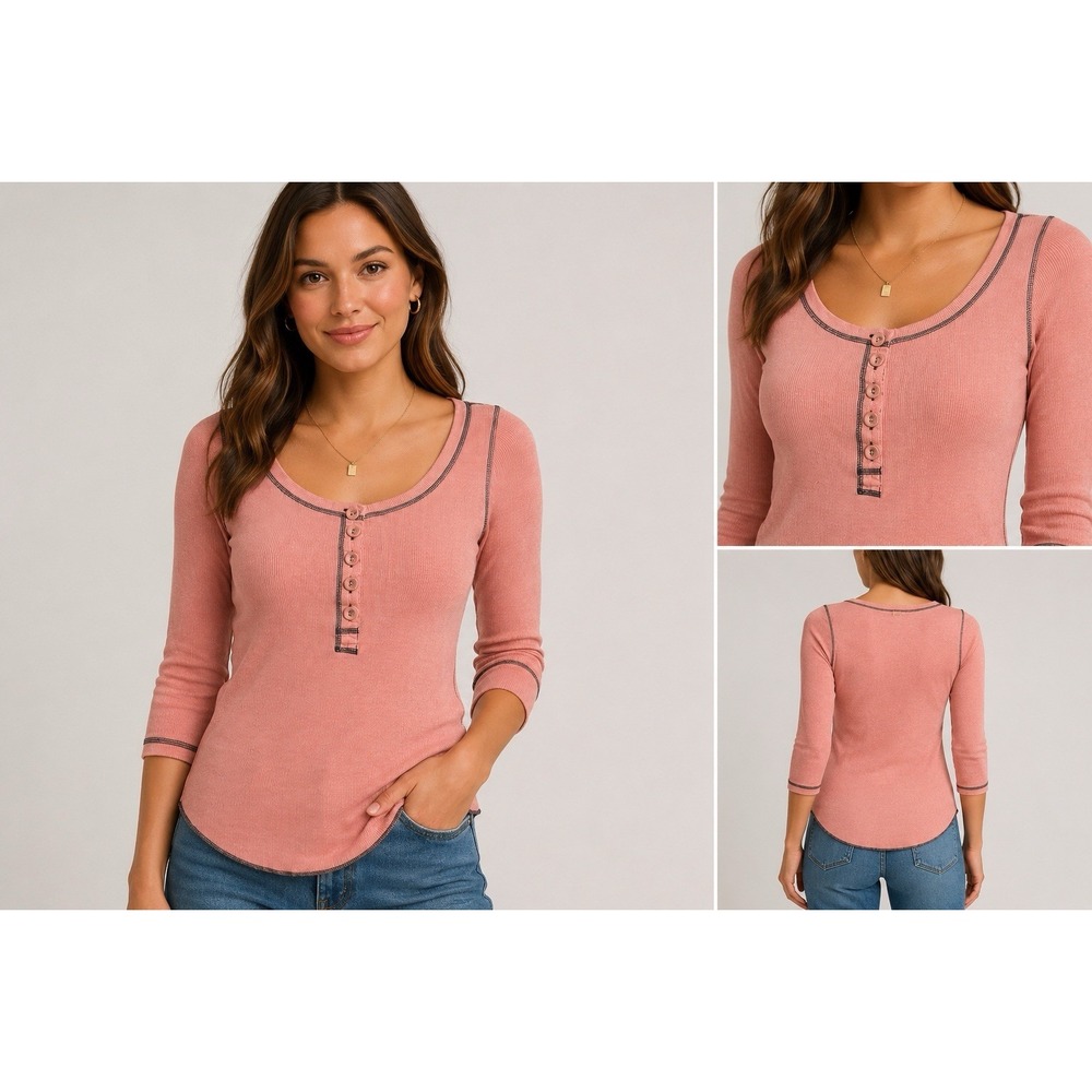 VTG Mossimo Supply Co Ribbed Henley Top Dusty Peach 3/4 Sleeve Scoop Neck Medium
